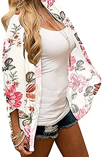 Naivikid Womens Floral Print Loose Puff Sleeve Kimono Cardigan Lace Patchwork Cover Up Blouse Lotus Root Gray 01 L