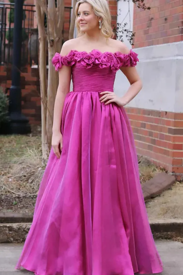 Off Shoulder Magenta Floral Long Prom Dresses With 3D Flowers TP1298