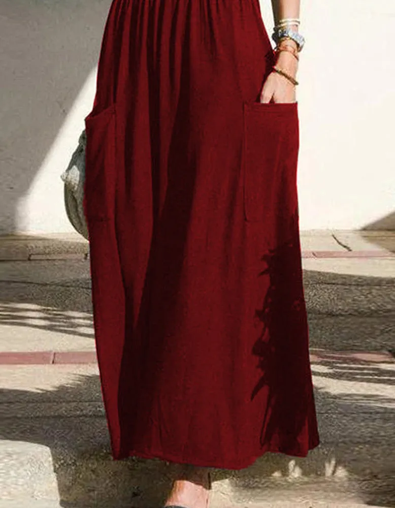 Plain Strap Pocket Pleated Long A Line Dresses