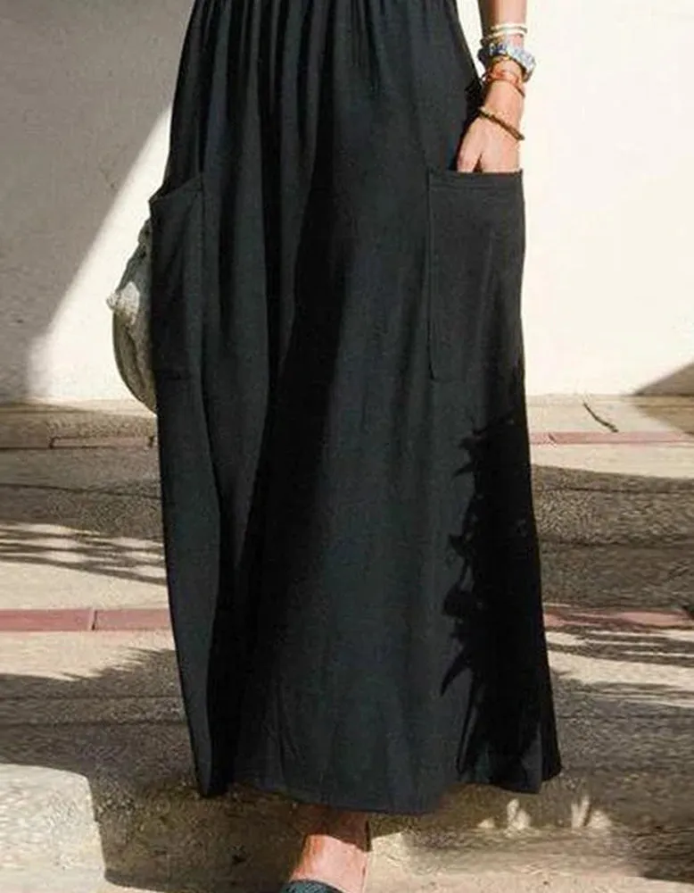 Plain Strap Pocket Pleated Long A Line Dresses