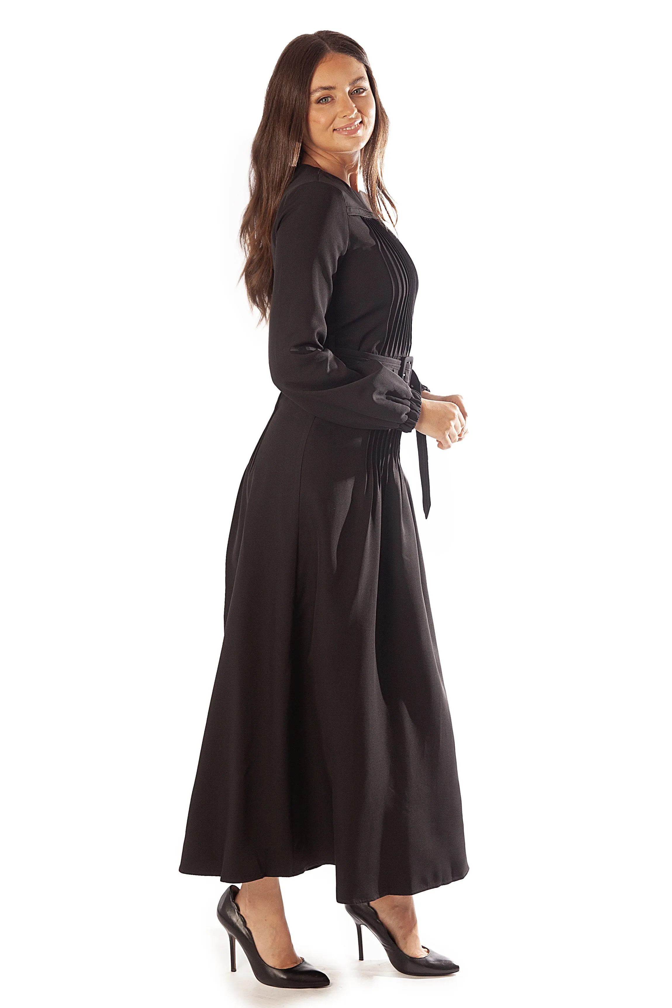 Pleated Bodice Belt Dress