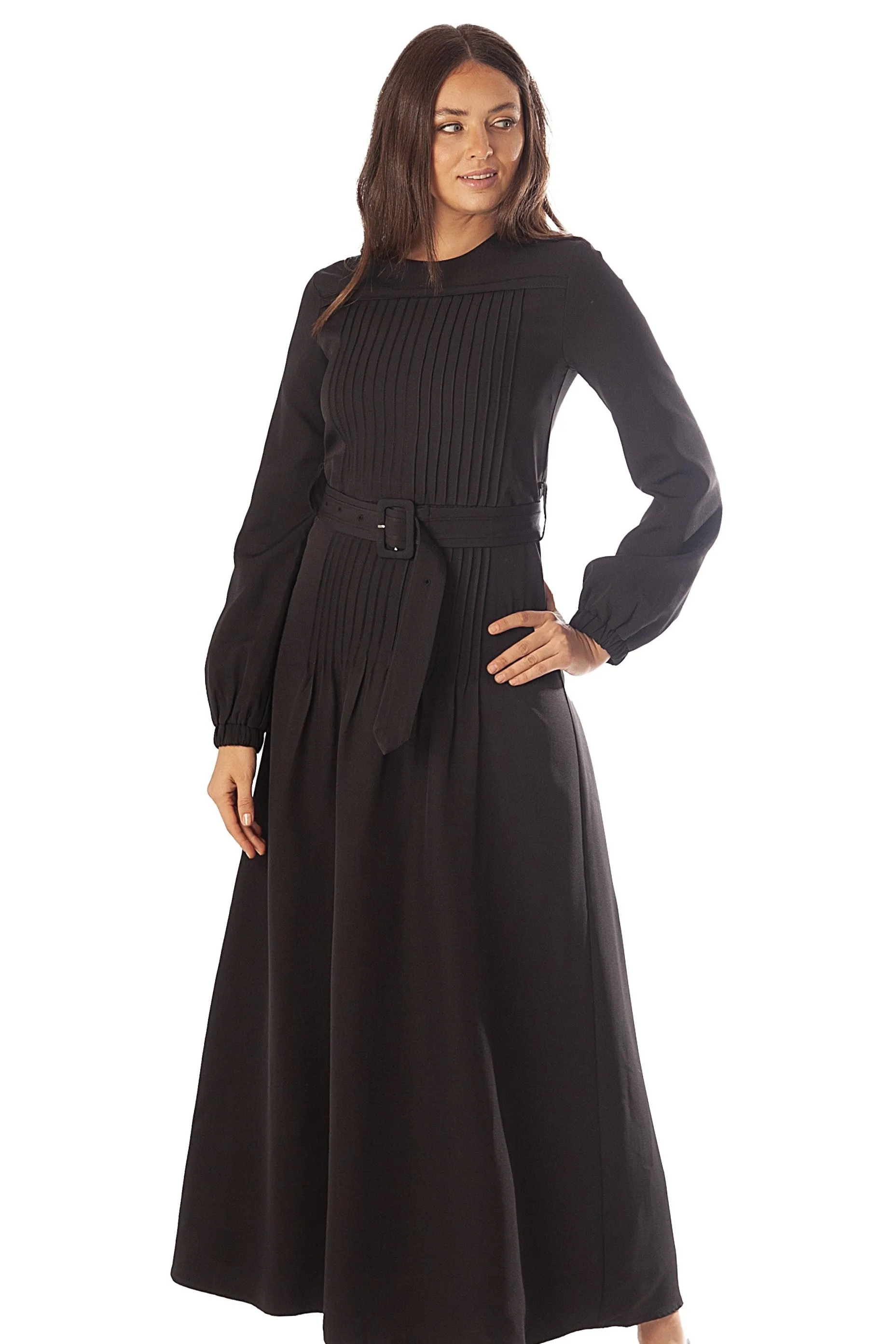 Pleated Bodice Belt Dress