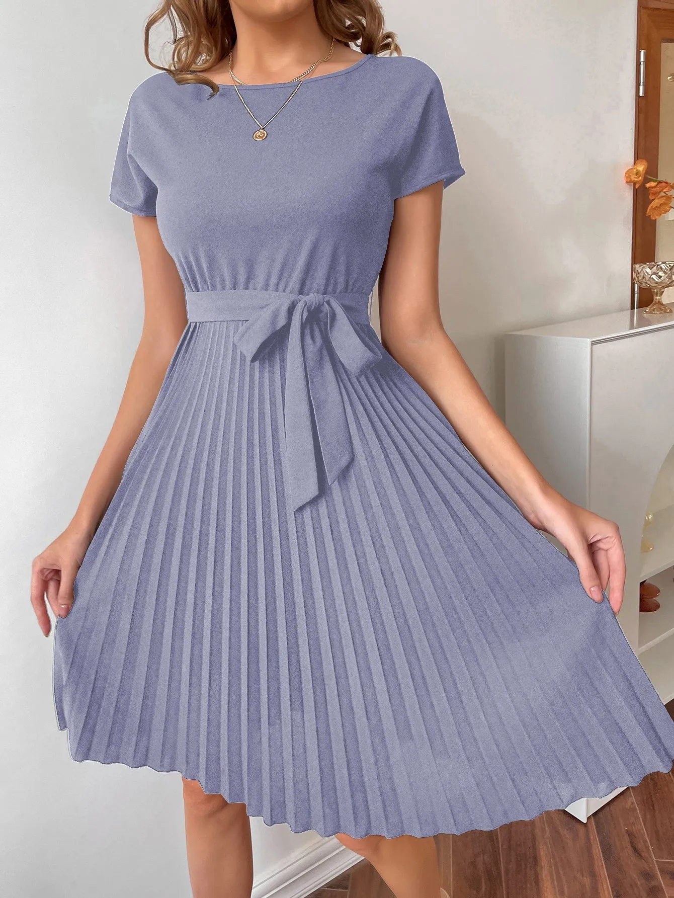 Pleated Hem Self Belted Dress