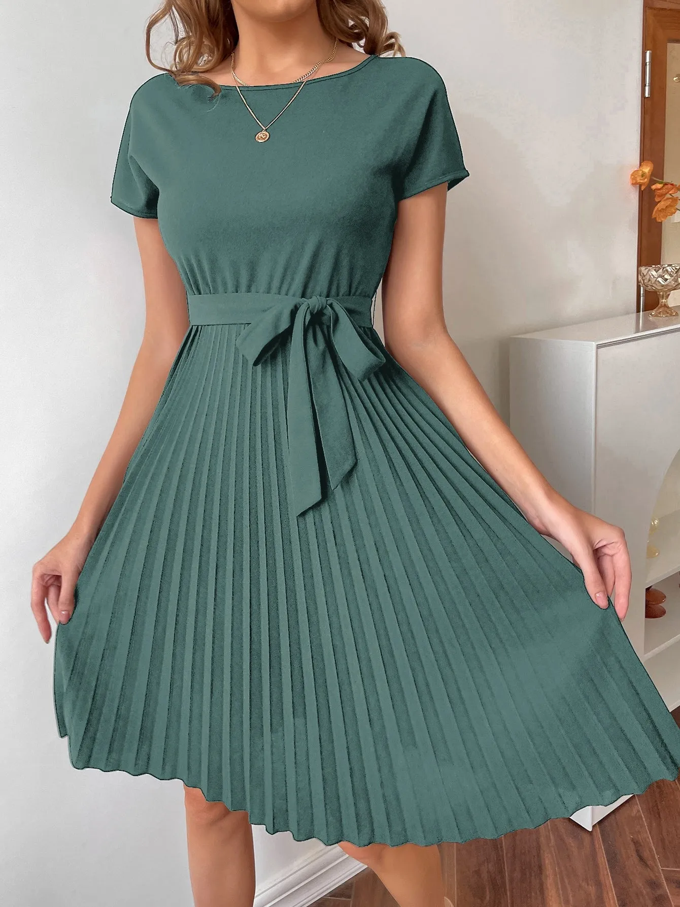 Pleated Hem Self Belted Dress