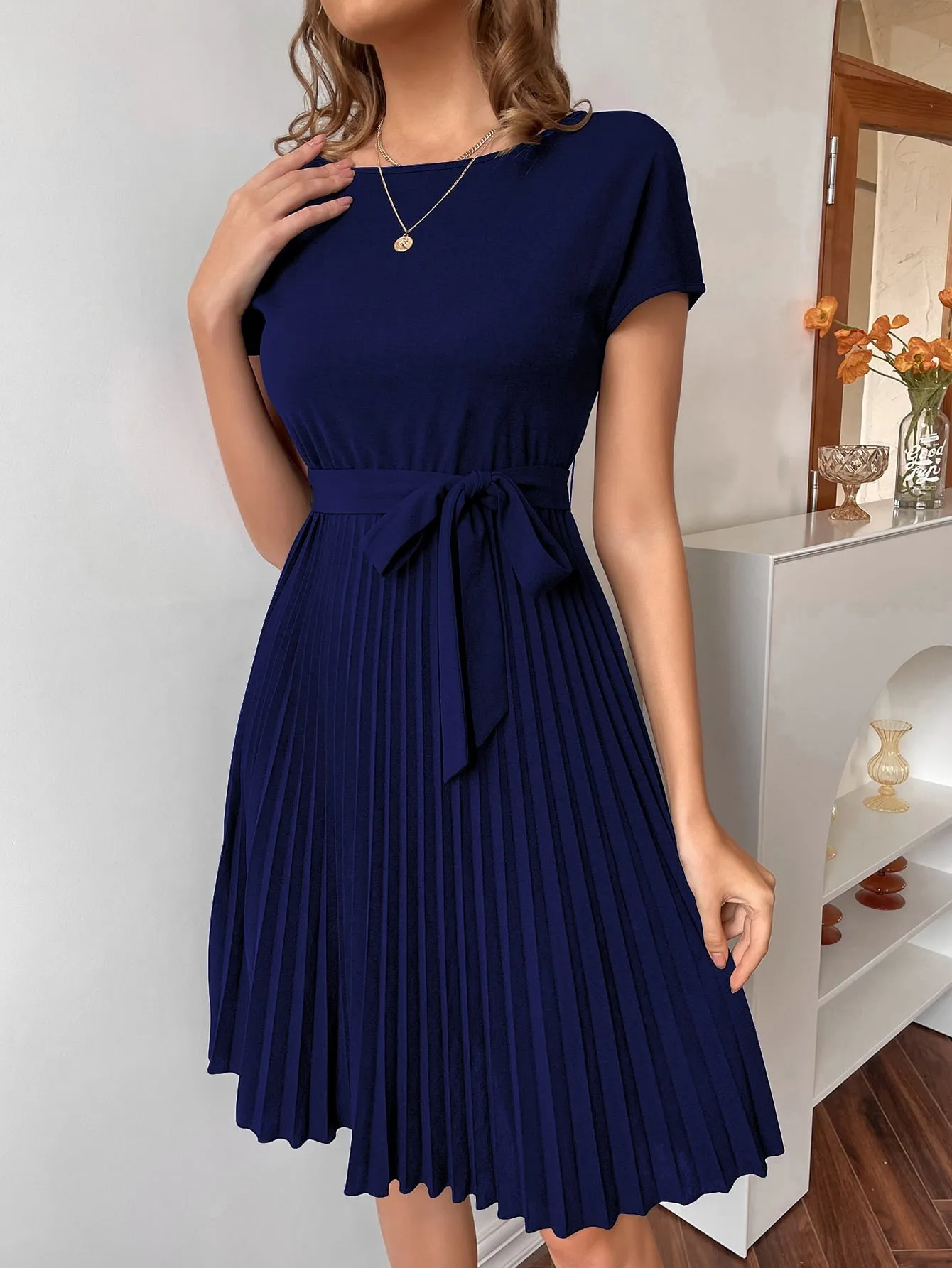 Pleated Hem Self Belted Dress