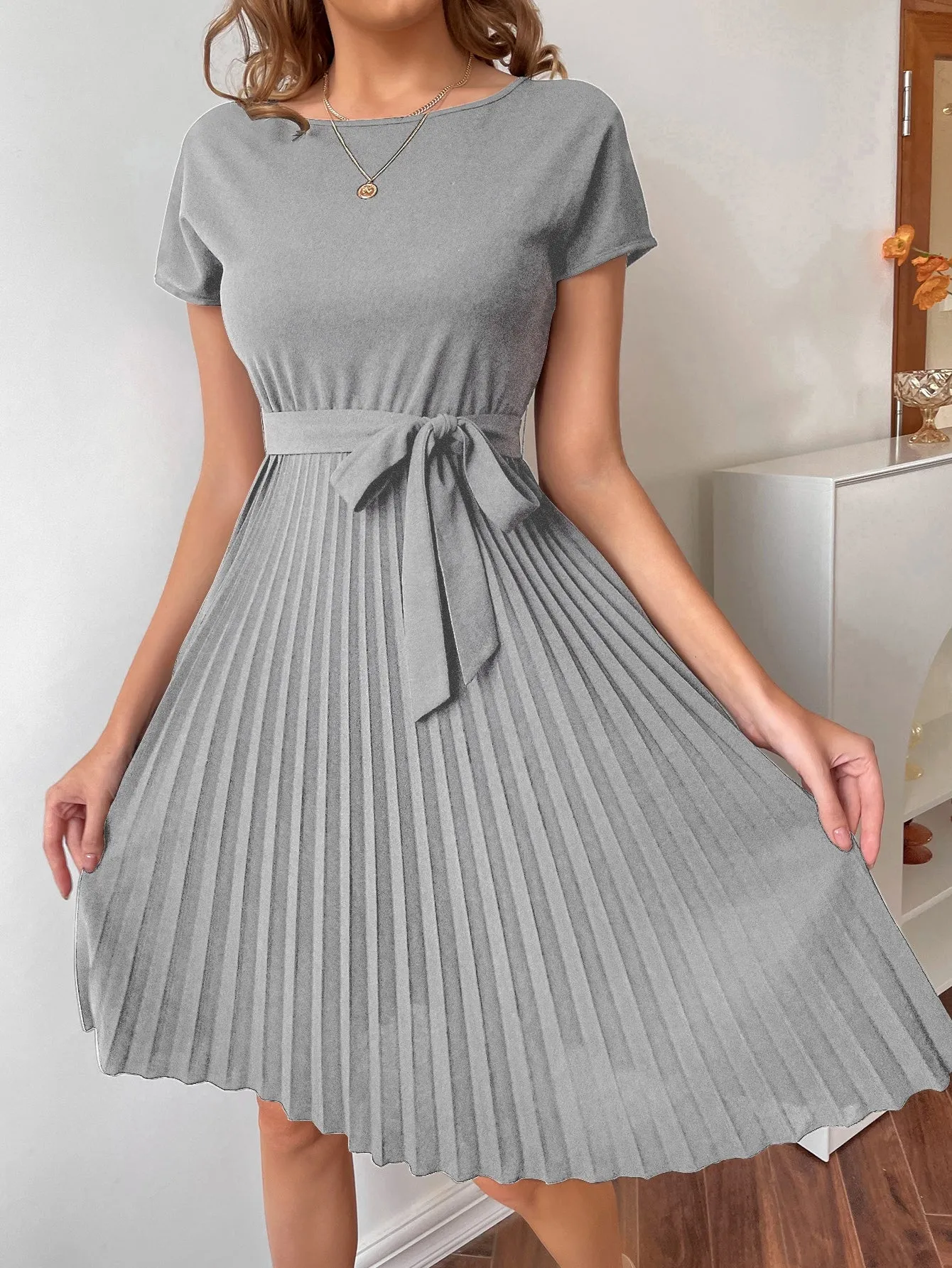 Pleated Hem Self Belted Dress