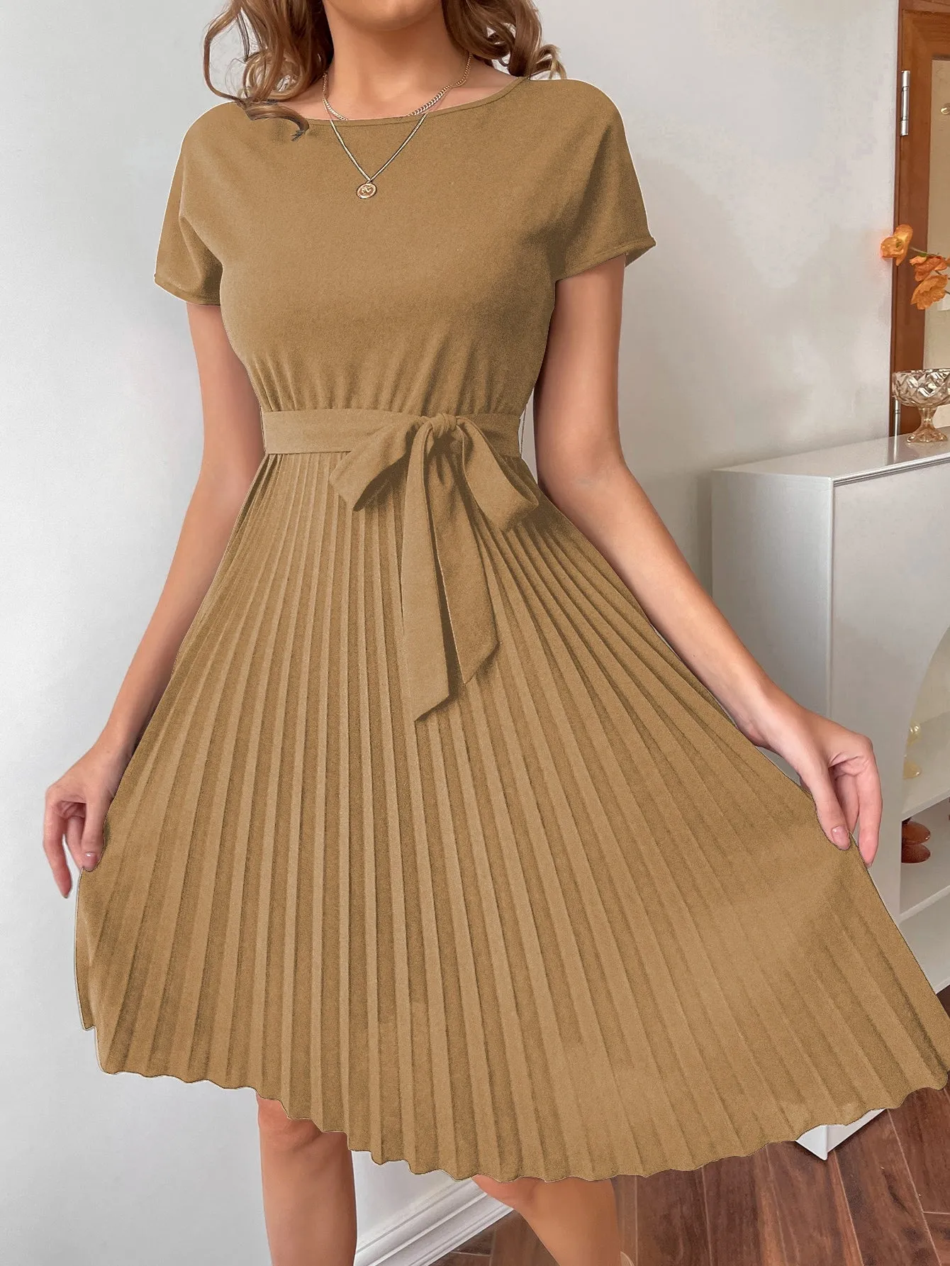 Pleated Hem Self Belted Dress