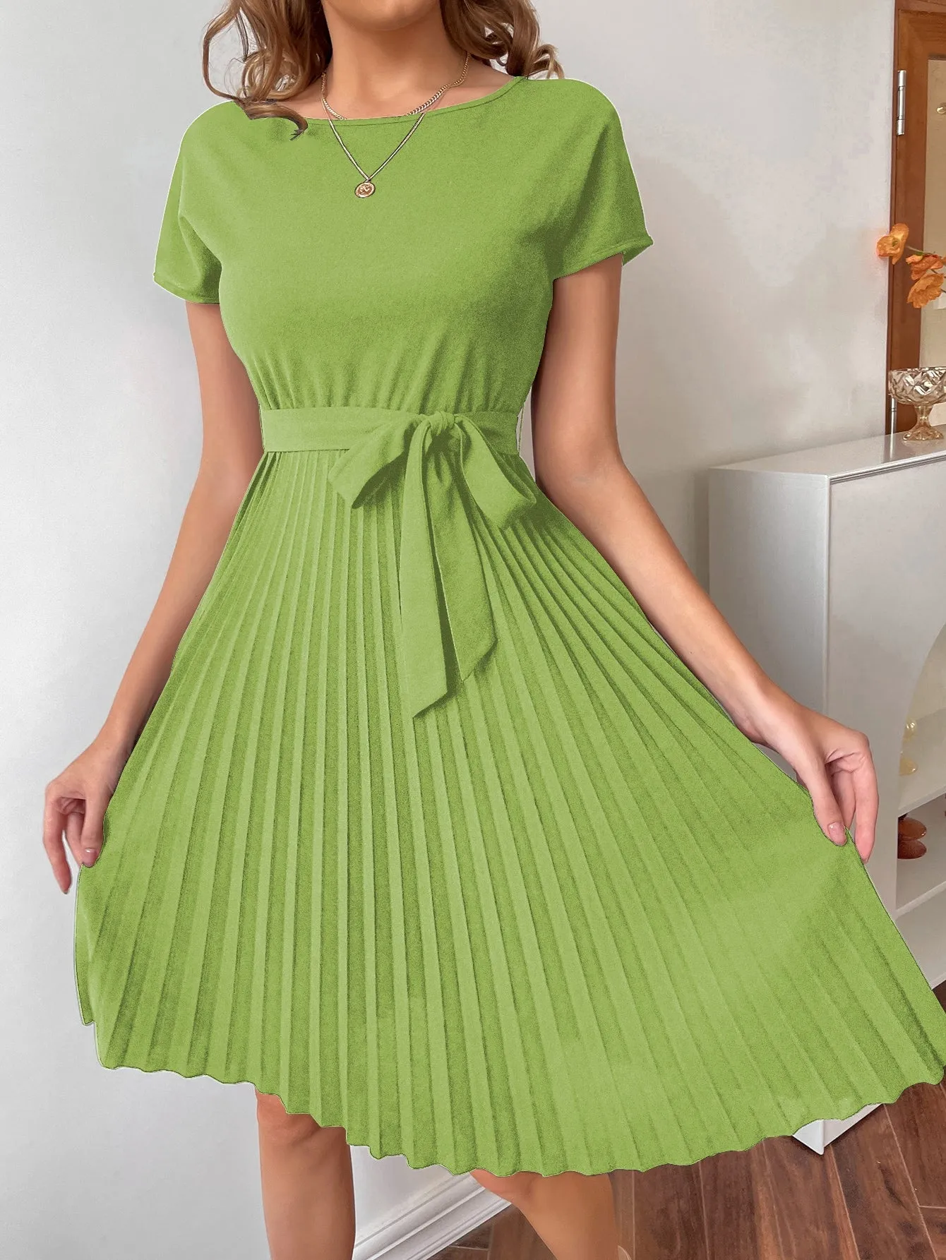 Pleated Hem Self Belted Dress