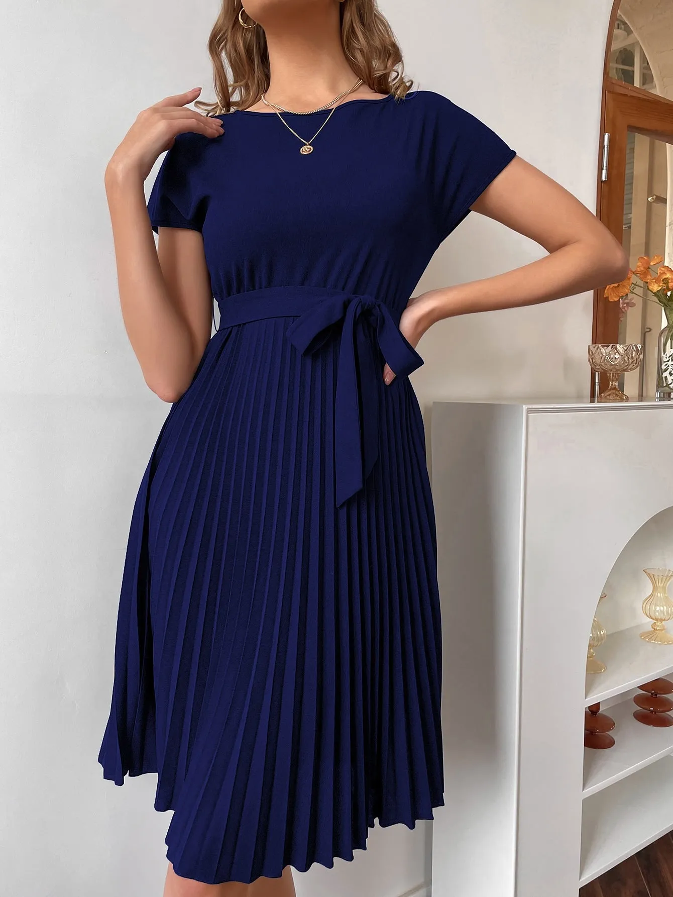Pleated Hem Self Belted Dress
