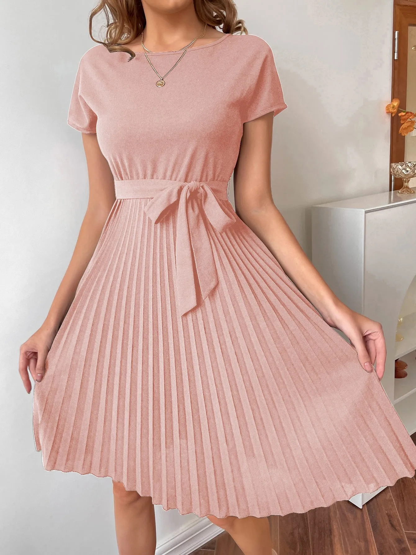 Pleated Hem Self Belted Dress