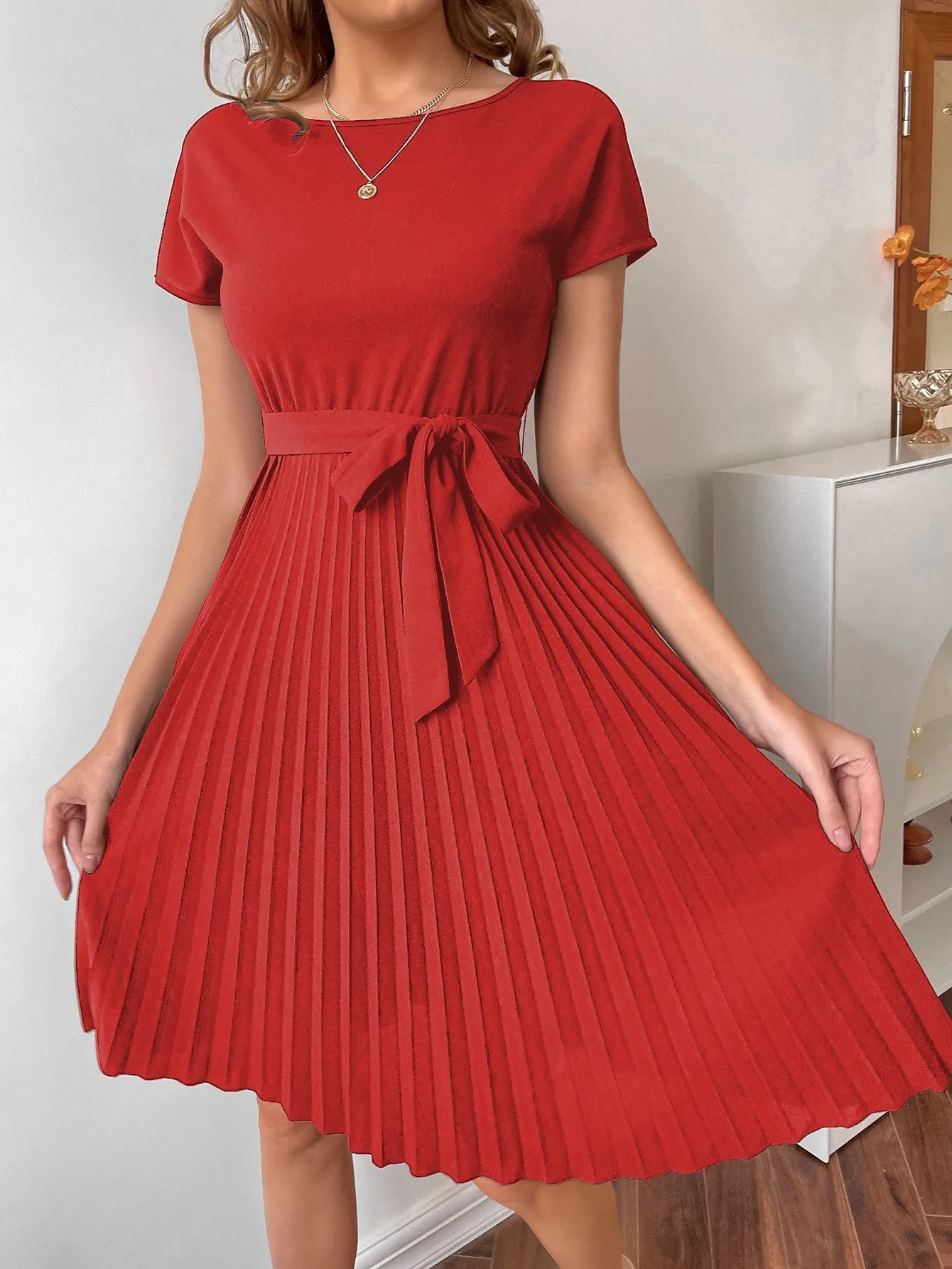 Pleated Hem Self Belted Dress