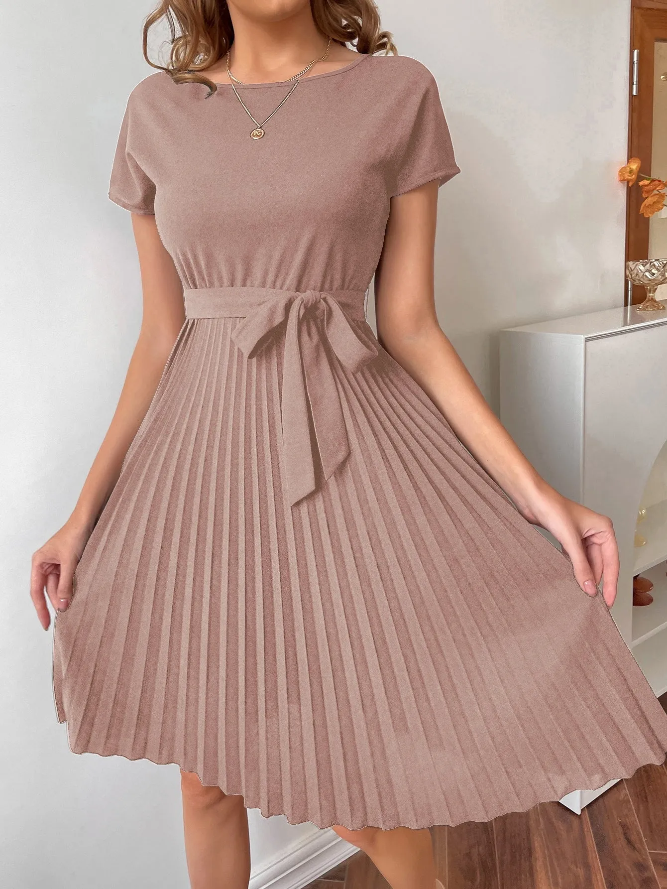 Pleated Hem Self Belted Dress