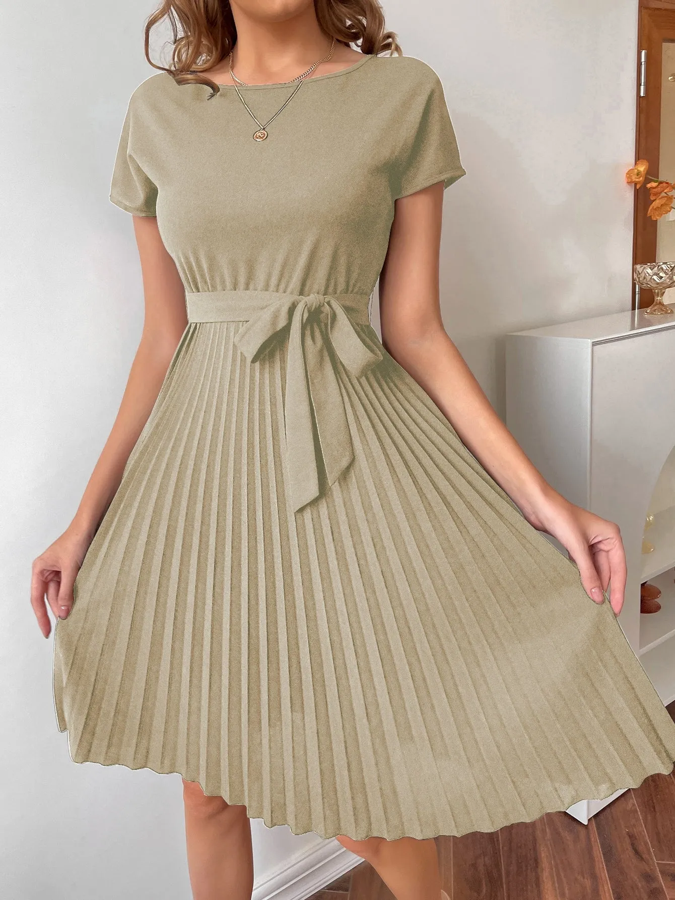 Pleated Hem Self Belted Dress