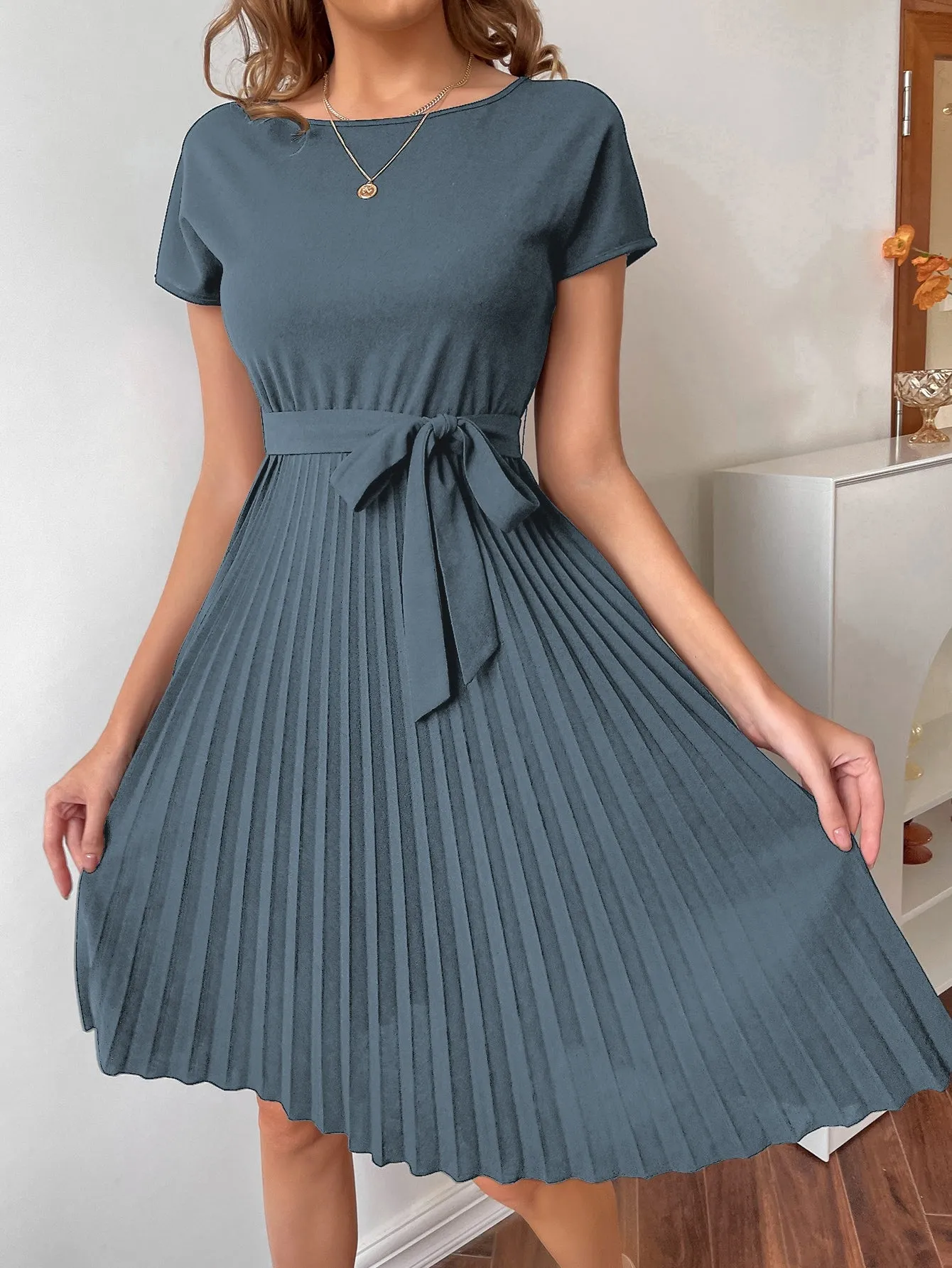 Pleated Hem Self Belted Dress