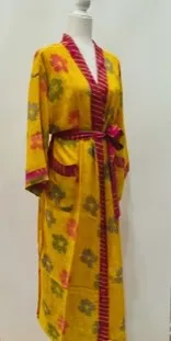 Top of the Line Silk Kimono Duster,  Bright Floral Print (Yellow)