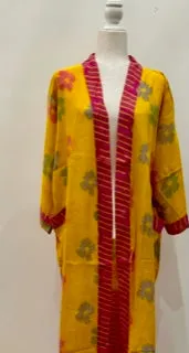 Top of the Line Silk Kimono Duster,  Bright Floral Print (Yellow)