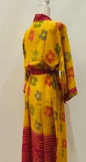 Top of the Line Silk Kimono Duster,  Bright Floral Print (Yellow)