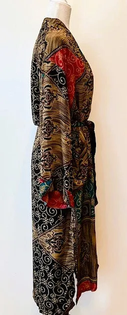 Top of the Line Silk Kimono Duster,  Rich Fall Colors (Brown)