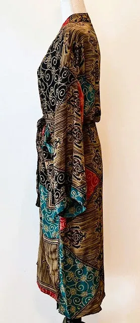 Top of the Line Silk Kimono Duster,  Rich Fall Colors (Brown)