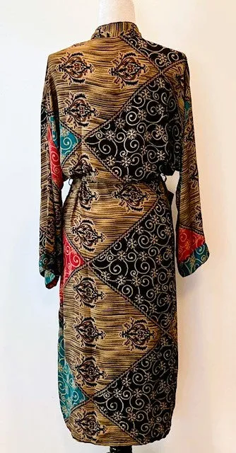 Top of the Line Silk Kimono Duster,  Rich Fall Colors (Brown)