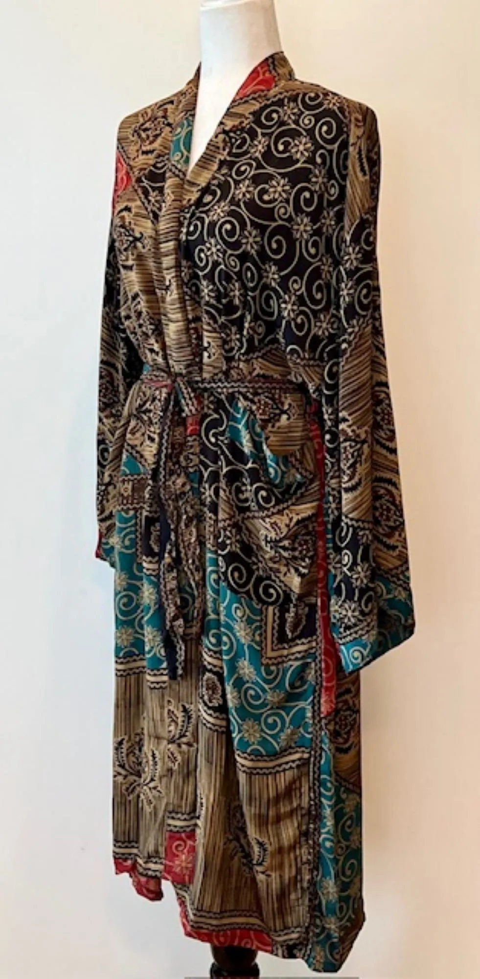 Top of the Line Silk Kimono Duster,  Rich Fall Colors (Brown)