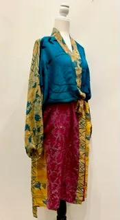 Top of the Line Silk Kimono Duster,  Rich Mixed Print (Royal)