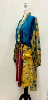 Top of the Line Silk Kimono Duster,  Rich Mixed Print (Royal)