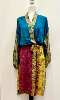 Top of the Line Silk Kimono Duster,  Rich Mixed Print (Royal)