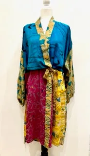 Top of the Line Silk Kimono Duster,  Rich Mixed Print (Royal)