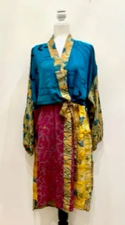 Top of the Line Silk Kimono Duster,  Rich Mixed Print (Royal)