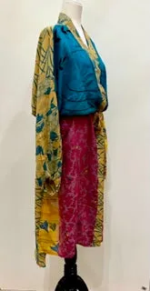 Top of the Line Silk Kimono Duster,  Rich Mixed Print (Royal)