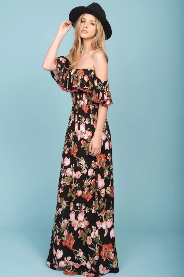 Tuscany Off The Shoulder Maxi Dress Black & Red