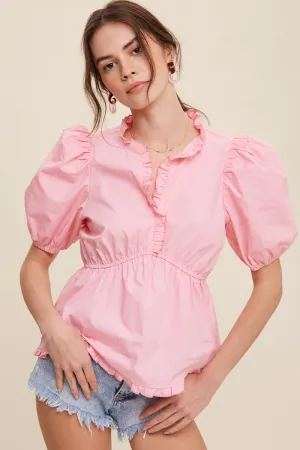 V-Neck Puff Sleeve Blouse Top