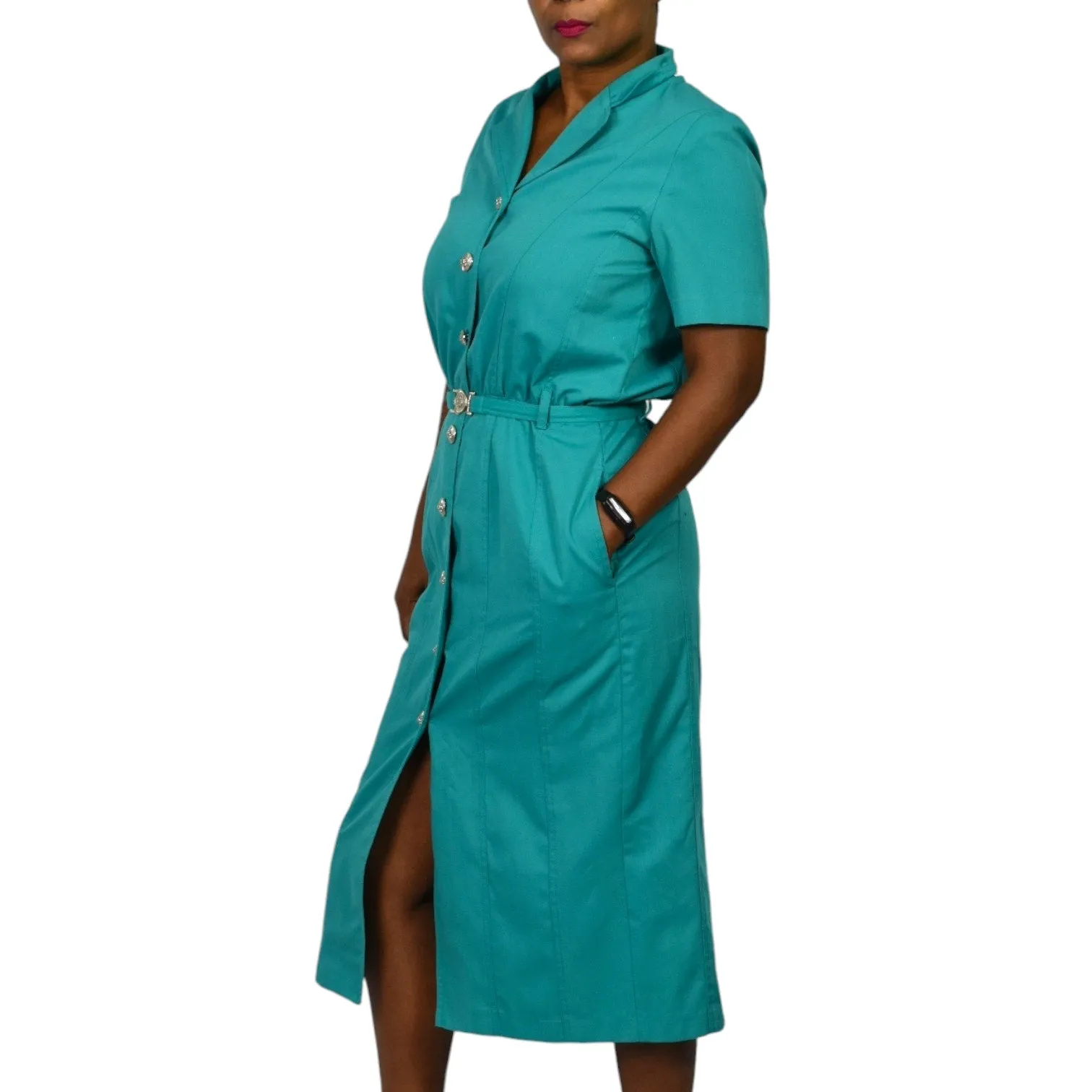 Vintage Together Green Shirtdress Green Teal Dress Button Down Pencil Straight Belted Lattice Cutout Lion Head Size 10
