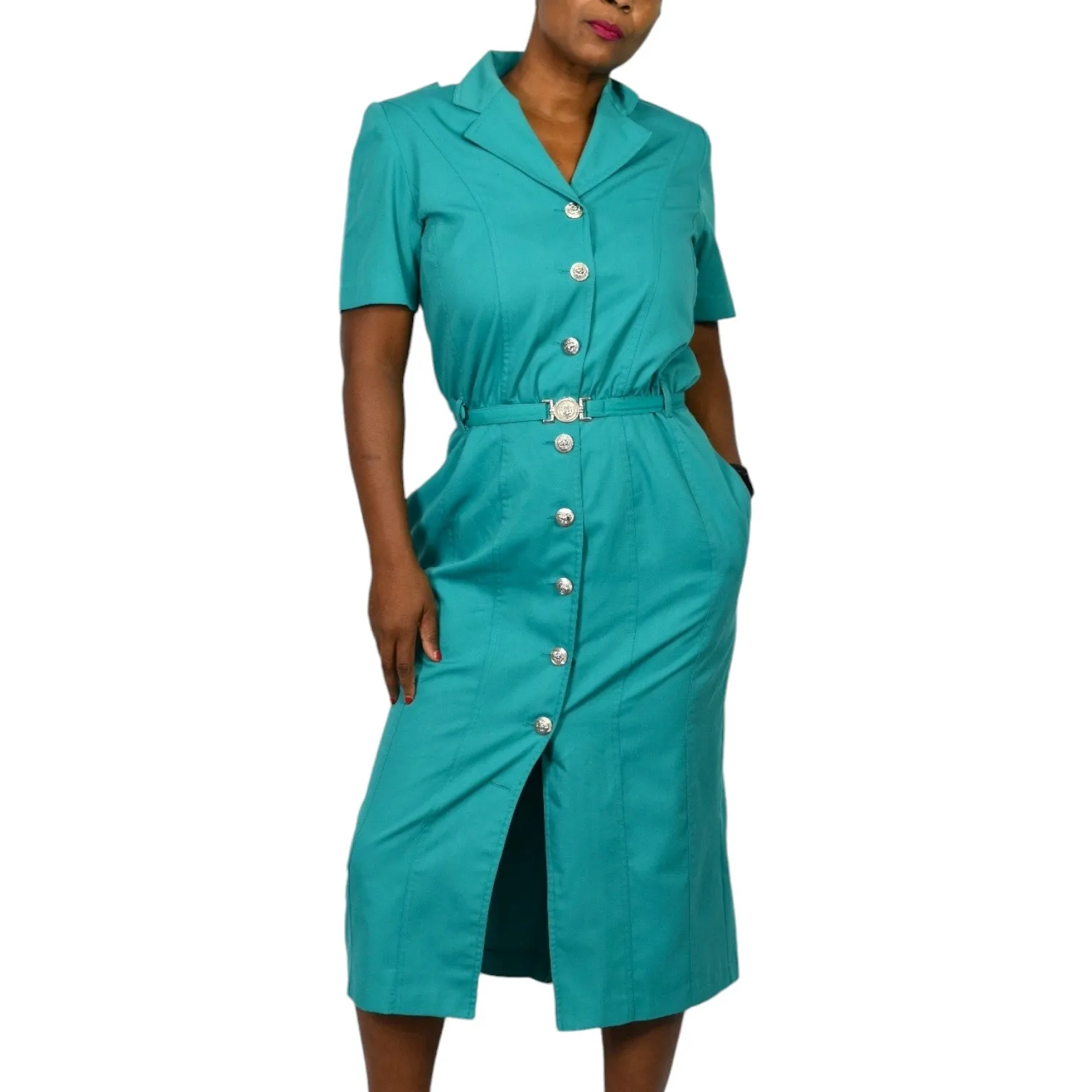 Vintage Together Green Shirtdress Green Teal Dress Button Down Pencil Straight Belted Lattice Cutout Lion Head Size 10