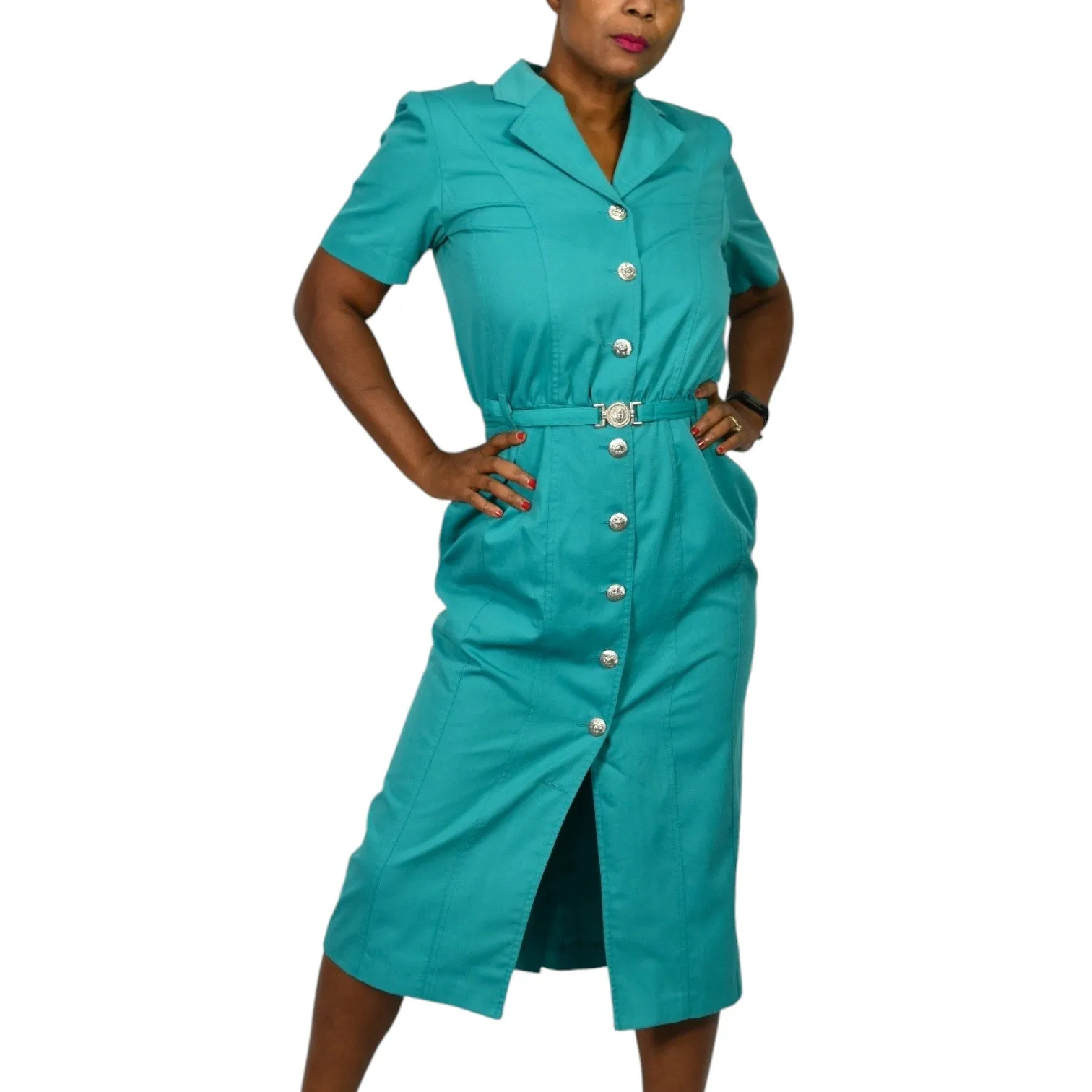 Vintage Together Green Shirtdress Green Teal Dress Button Down Pencil Straight Belted Lattice Cutout Lion Head Size 10