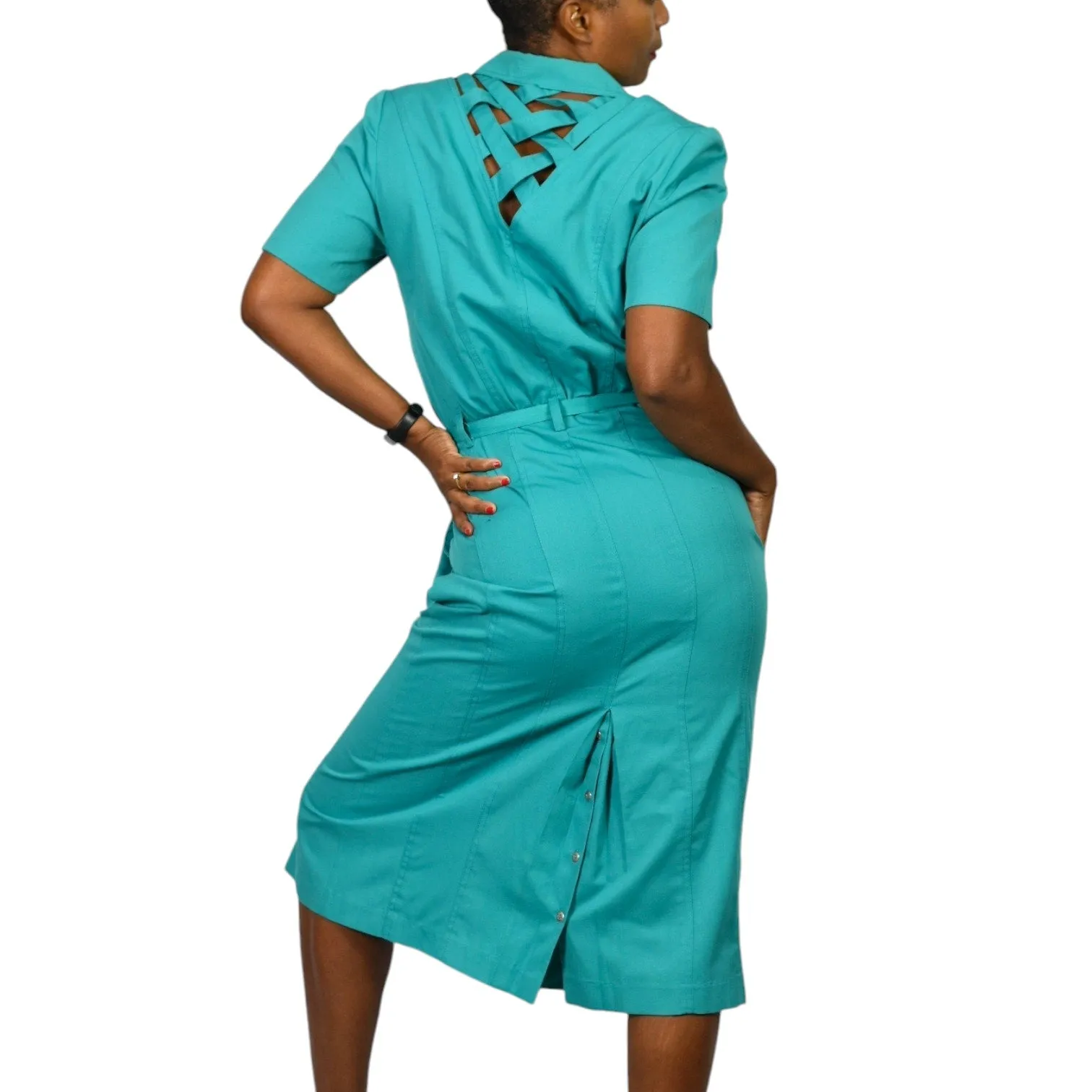 Vintage Together Green Shirtdress Green Teal Dress Button Down Pencil Straight Belted Lattice Cutout Lion Head Size 10