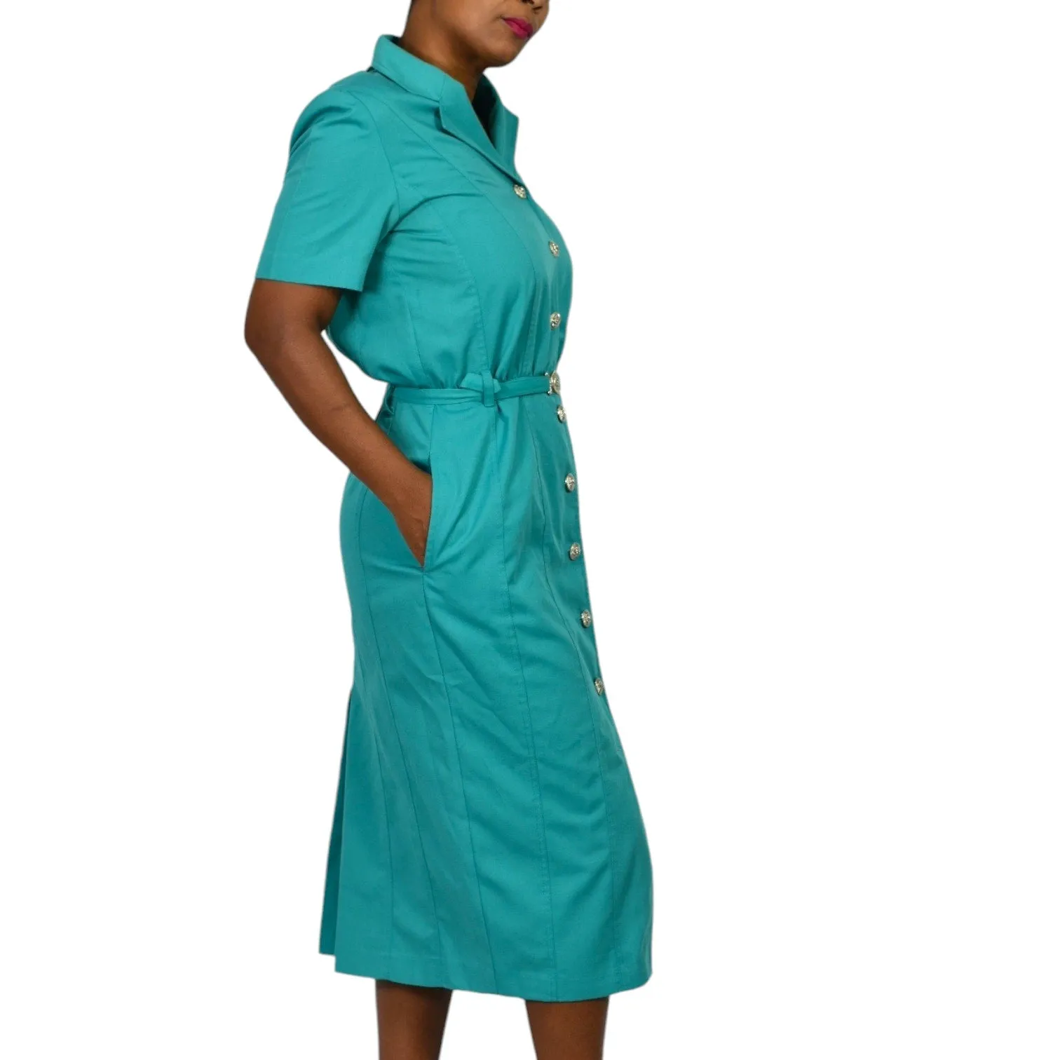 Vintage Together Green Shirtdress Green Teal Dress Button Down Pencil Straight Belted Lattice Cutout Lion Head Size 10