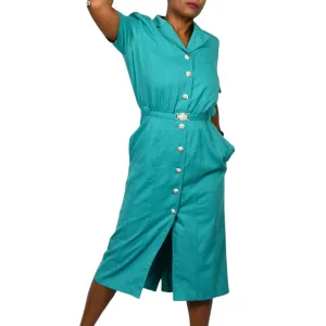 Vintage Together Green Shirtdress Green Teal Dress Button Down Pencil Straight Belted Lattice Cutout Lion Head Size 10