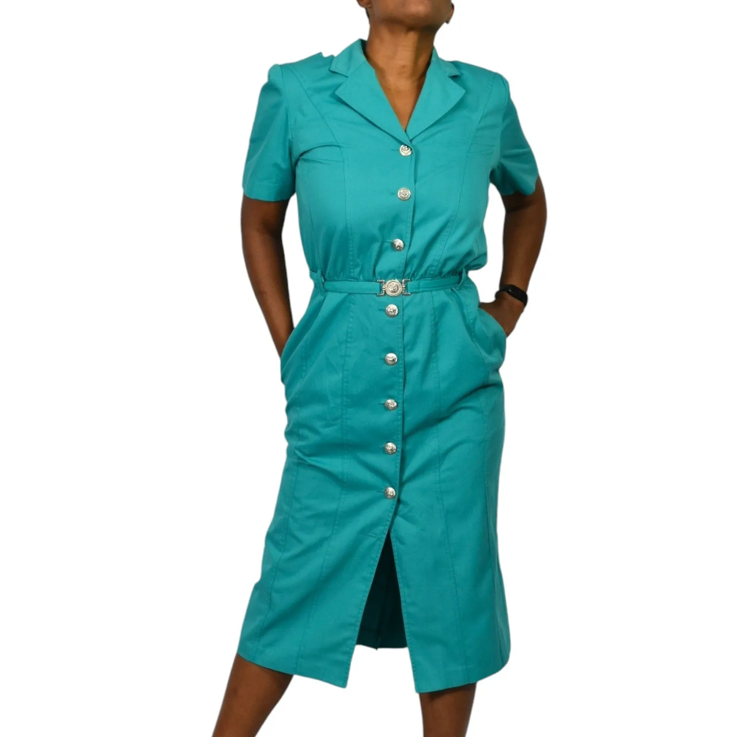 Vintage Together Green Shirtdress Green Teal Dress Button Down Pencil Straight Belted Lattice Cutout Lion Head Size 10