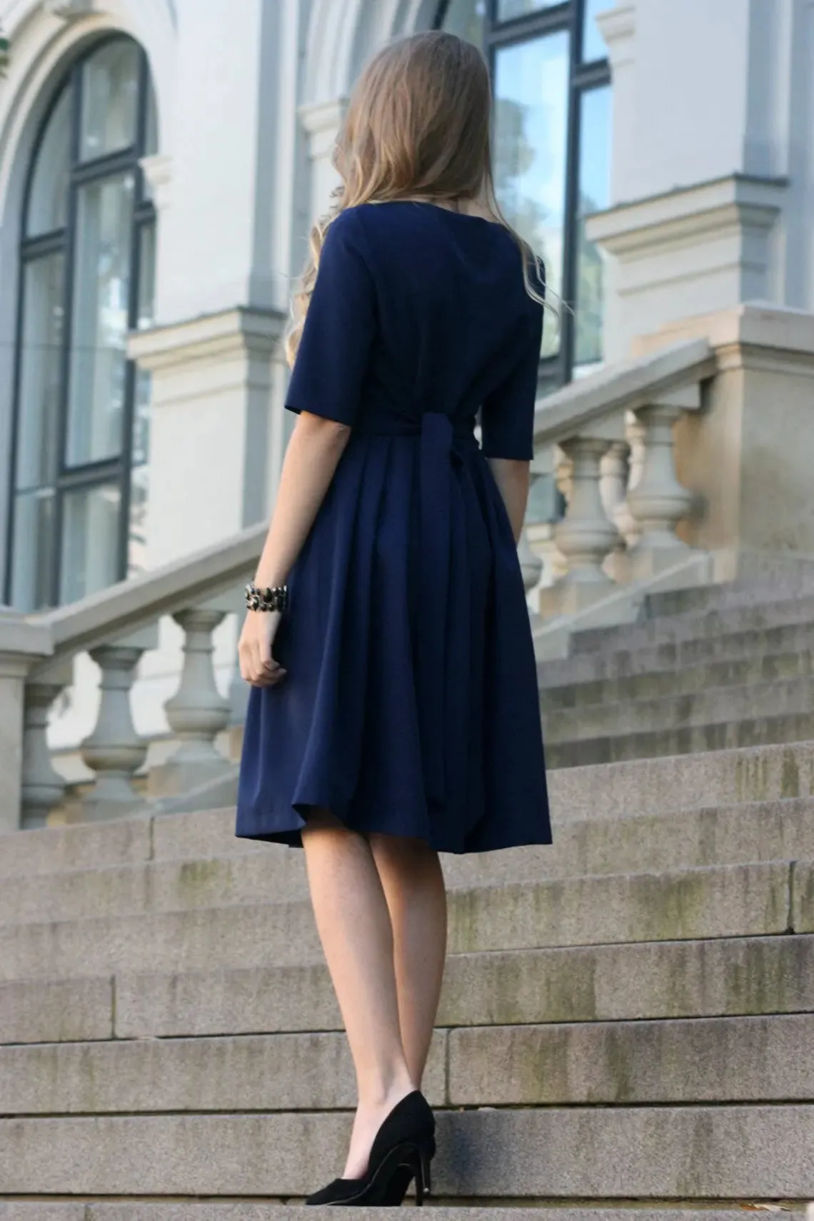 Women Cocktail Dress Wedding Guest Dress Formal Navy Midi Dress Pleated Dress