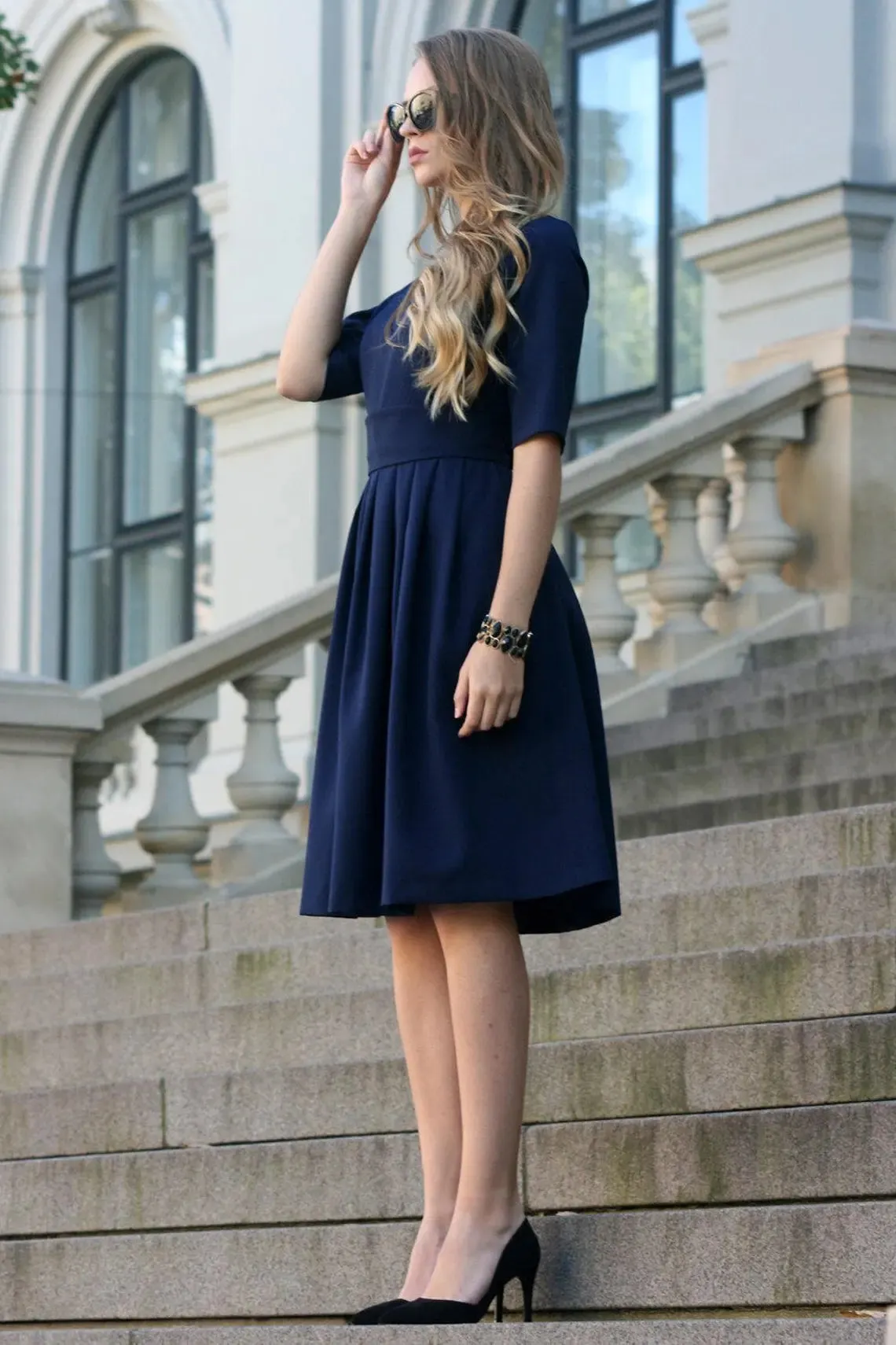 Women Cocktail Dress Wedding Guest Dress Formal Navy Midi Dress Pleated Dress