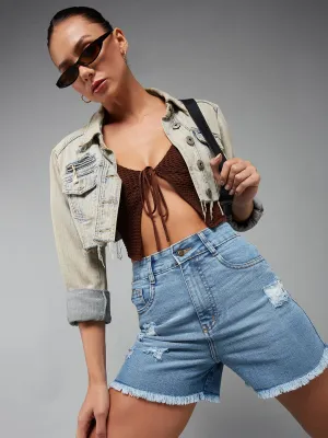 Women's Light Blue Relaxed Fit Mid Rise Highly Distressed Regular Denim Shorts