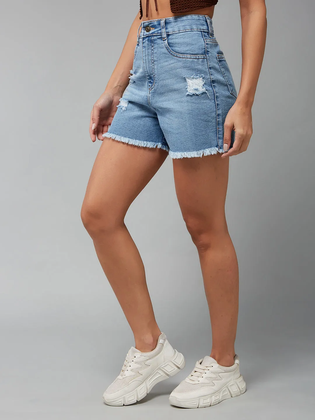 Women's Light Blue Relaxed Fit Mid Rise Highly Distressed Regular Denim Shorts