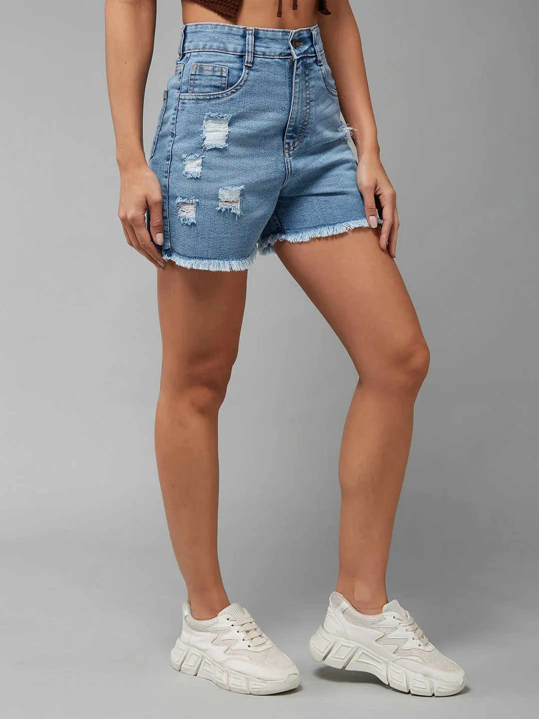 Women's Light Blue Relaxed Fit Mid Rise Highly Distressed Regular Denim Shorts