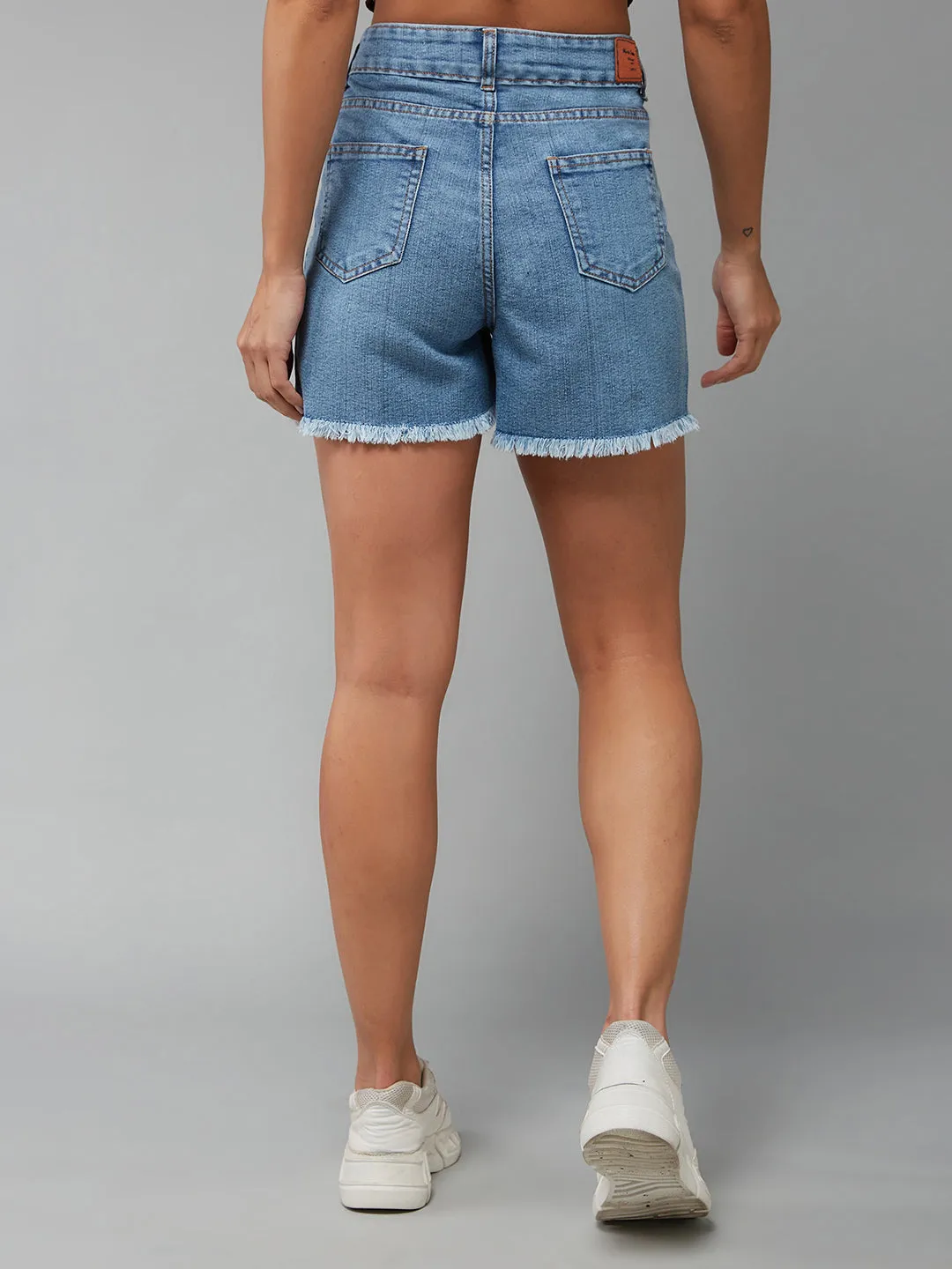 Women's Light Blue Relaxed Fit Mid Rise Highly Distressed Regular Denim Shorts