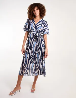 Wrap Over Pleated Midi Dress With Belt