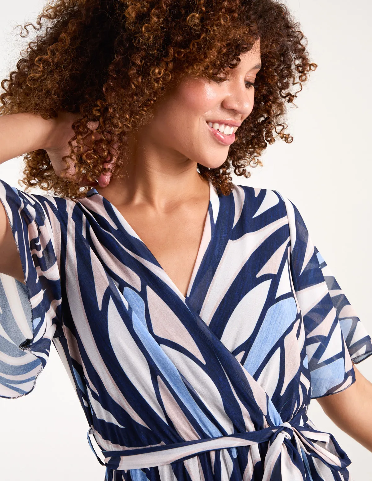 Wrap Over Pleated Midi Dress With Belt