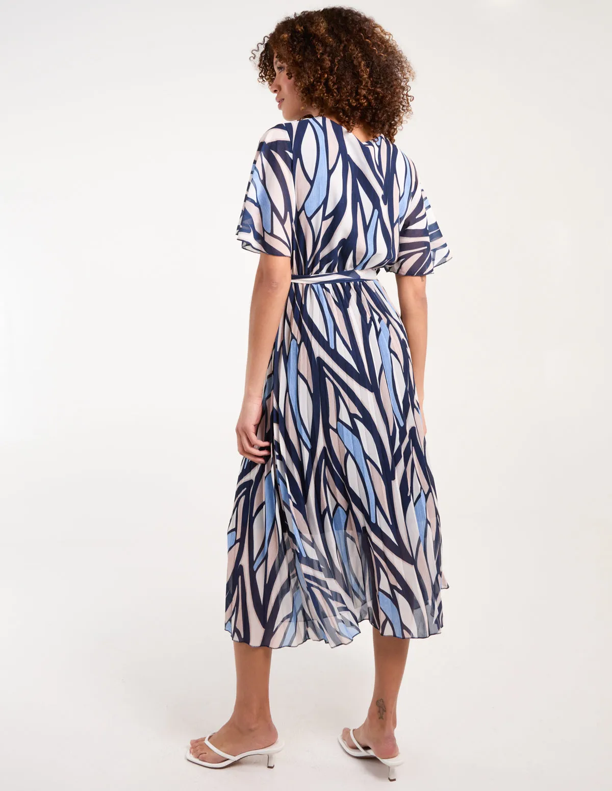 Wrap Over Pleated Midi Dress With Belt
