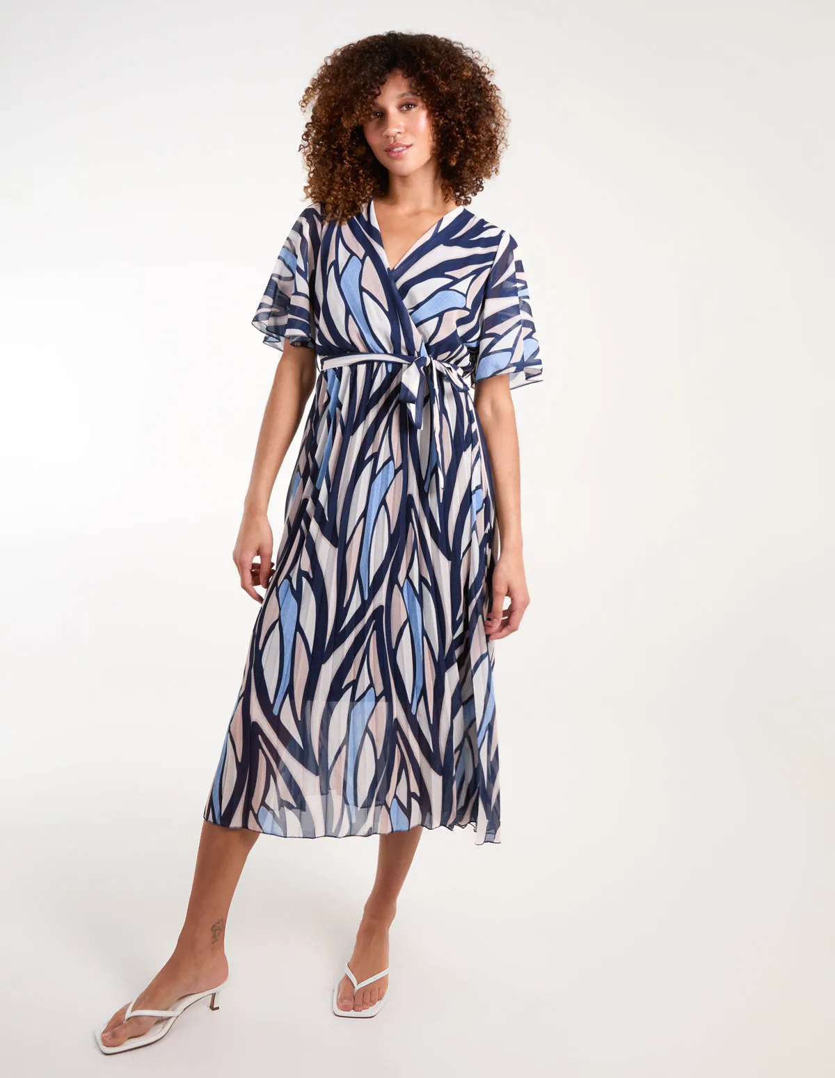 Wrap Over Pleated Midi Dress With Belt